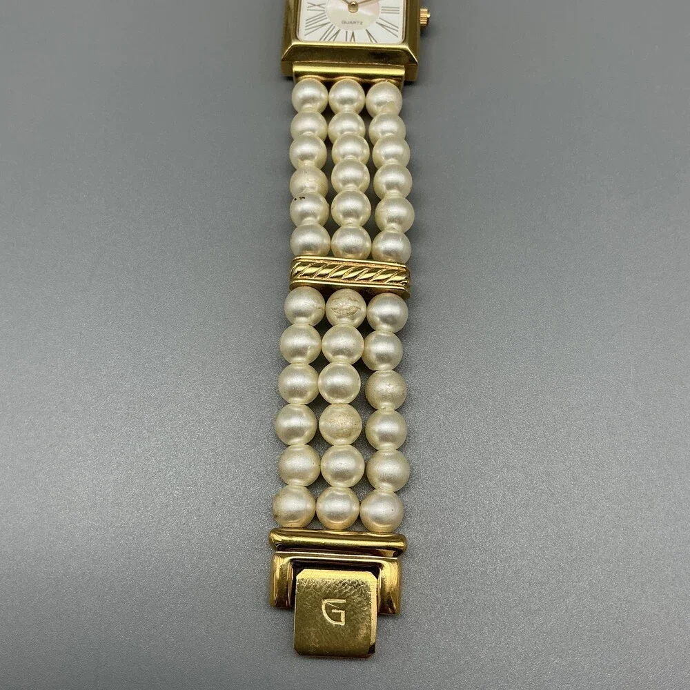 Gruen Womens Watch 22mm Square MOP Faux Pearl Band Gold Tone New Battey 7.25